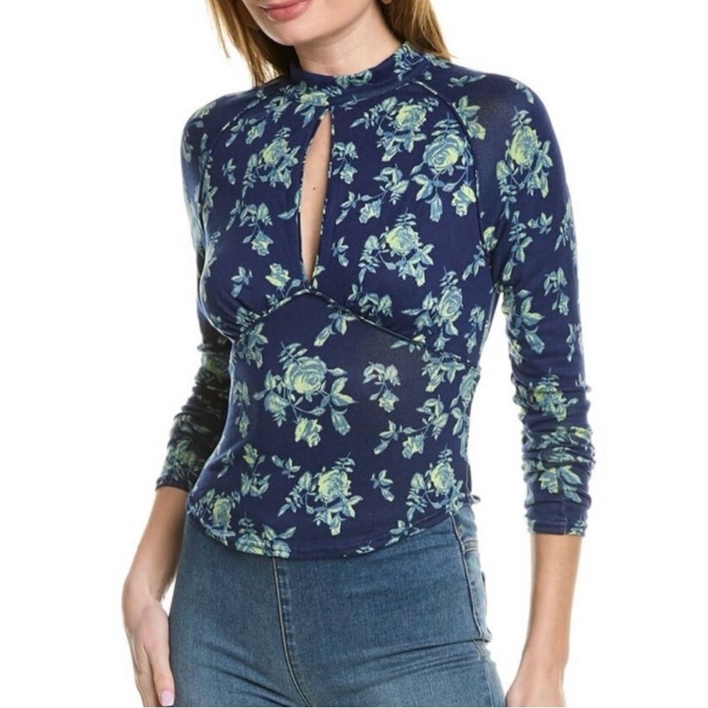 FREE PEOPLE Printed Mock Neck Top- Size Small, Indigo Combo, NWT
